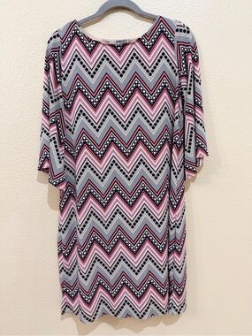 Studio One New York Chevron Mini Dress S Flare Sleeve Geometric Boho Pink Navy